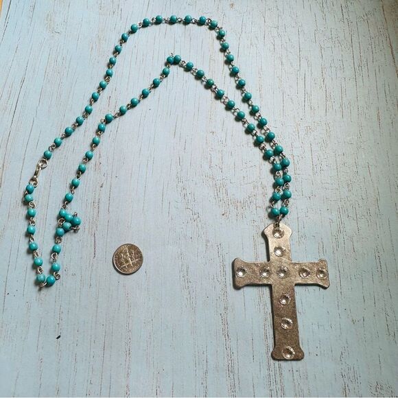 Silver Crystal Turquoise Beaded Rosary Link Long Necklace - Picture 1 of 3